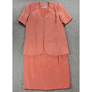 VTG HELGA Saks Fifth Avenue Skirt Set Womens L Coral Rhinestone Button Two Piece